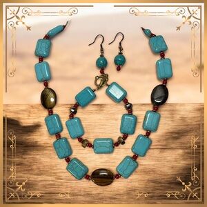 Turquoise ,Red Coral and Tigereye Necklace , Bracelet and Earring Set